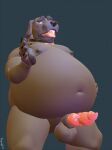  3d_(artwork) after_transformation animal_genitalia animal_penis anthro balls belly black_nose canid canine canine_penis canis chubby_anthro chubby_male collar dark_grey_fur digital_media_(artwork) domestic_dog english_text genitals handpaw knot knoty_dog_(koorivlf) male mammal navel nipples nude open_mouth overweight pawpads paws penis red_penis sheath signature simple_background teeth text tongue vein veiny_penis weight_gain 