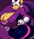  absurd_res anthro armwear big_breasts big_butt blush breast_jiggle breasts butt chiropteran cleavage clothed clothing elbow_gloves female gloves handwear hi_res huge_breasts huge_butt jiggling mammal nipple_outline rouge_the_bat sega skinsuit solo sonic_prime sonic_the_hedgehog_(series) superix thick_thighs tight_clothing wings worried 