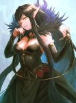  1girl armlet bangs bare_shoulders black_dress blush breasts bridal_gauntlets brown_hair cleavage detached_sleeves dress fate/apocrypha fate_(series) fur_trim gold_trim highres large_breasts long_hair looking_at_viewer otsukemono pointy_ears ribbon semiramis_(fate) sidelocks slit_pupils smile solo spikes very_long_hair yellow_eyes 