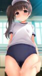  1girl blue_buruma blush brown_eyes brown_hair buruma empty_eyes gym_uniform hand_on_own_thigh hat highres irori_(irorixc) long_hair original panties panties_under_buruma panty_peek peeing peeing_self red_headwear shirt short_sleeves side_ponytail solo tears thighs underwear wet_buruma white_panties white_shirt 