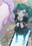  +_+ 1girl :o absurdres bangs belt blue_hair blush brick_floor commentary cotton_candy frilled_sleeves frilled_wristband frills from_above hair_ornament hairclip hatsune_miku highres holding holding_phone hologram leo/need_(project_sekai) long_hair looking_up minigirl multicolored_hair open_mouth pantyhose parted_bangs phone pink_hair plaid plaid_skirt plaid_wrist_cuffs project_sekai safety_pin shoes short_sleeves single_wrist_cuff skirt sneakers solo_focus sparkle sparkling_eyes studded_bracelet twintails two-tone_hair vocaloid vs0mr wrist_cuffs 
