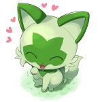  :d ^_^ animal_focus cat closed_eyes commentary_request enata_rei full_body grass heart no_humans open_mouth pokemon pokemon_(creature) sitting smile solo sprigatito tongue white_background 