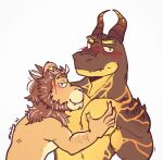  2020 2_horns 5_fingers anthro arm_spikes bedroom_eyes biceps blue_eyes blush brown_body brown_hair brown_scales countershading digital_media_(artwork) dragon duo felid fingers fur hair hi_res horn lion looking_at_viewer male male/male mammal mane muscular muscular_anthro muscular_male narrowed_eyes orion_(xeoniios) overbite pantherine pec_fondling pec_grab pecs pupils ryzz_(xeoniios) scales scalie seductive shoulder_spikes signature simple_background slit_pupils spikes spikes_(anatomy) tan_body tan_fur waist_up white_background xeoniios yellow_body yellow_eyes yellow_scales 