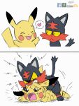  ambiguous_gender angry bite dialogue distressed duo feral fight generation_1_pokemon generation_7_pokemon hi_res litten nintendo open_mouth pictographics pikachu pokemon pokemon_(species) smile video_games winick-lim 