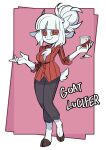  1girl animal_ears black_pants cup demon_girl demon_horns drinking_glass furry furry_female goat_ears goat_girl goat_tail harpoonmori helltaker highres hooves horizontal_pupils horns looking_away lucifer_(helltaker) mole mole_under_eye pants red_eyes red_shirt shirt smug white_fur white_hair white_horns wine_glass 