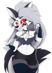  absurd_res anthro canid canid_demon chain collar demon eyelashes female fur hellhound helluva_boss hi_res looking_at_viewer loona_(helluva_boss) mammal midriff red_eyes sharp_teeth snarling solo spiked_collar spikes splatpad teeth thick_thighs weapon white_body white_fur 