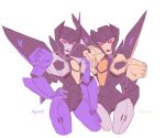  2girls cowboy_shot decepticon frozenmayo hand_on_another&#039;s_shoulder hand_on_hip highres looking_at_viewer mecha mechanical_wings multiple_girls novastorm pink_eyes purple_lips robot simple_background skywarp smile transformers transformers:_earth_spark white_background wings 
