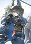  1girl :d animal_ear_fluff animal_ears arknights arm_up armored_boots bangs black_jacket black_pants blush boots brown_shirt collared_shirt commentary_request dress_shirt gloves grani_(arknights) grey_gloves grey_hair hair_between_eyes highres holding holding_weapon jacket knee_boots long_hair looking_at_viewer mg42cat-k1ng open_clothes open_jacket pants ponytail purple_eyes shirt smile solo teeth upper_teeth weapon 