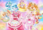  1boy 6+girls apron blonde_hair blue_eyes blue_hair commentary_request cone_hair_bun cure_finale cure_precious cure_spicy cure_yum-yum delicious_party_precure fuwa_kokone gentlu_(precure) gloves hair_bun hanamichi_ran highres kasai_amane kome-kome_(precure) kome-kome_(precure)_(human) mem-mem_(precure) mem-mem_(precure)_(human) multiple_girls nagomi_yui official_art pam-pam_(precure) pam-pam_(precure)_(human) pink_hair precure purple_eyes red_eyes side_ponytail sidelocks white_gloves wide_ponytail 