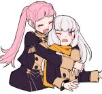  2girls bangs blush buttons closed_eyes cropped_torso do_m_kaeru fire_emblem fire_emblem:_three_houses garreg_mach_monastery_uniform grey_background height_difference hilda_valentine_goneril hug hug_from_behind juliet_sleeves long_hair long_sleeves looking_at_another lysithea_von_ordelia multiple_girls one_eye_closed open_mouth pink_eyes puffy_sleeves scarf simple_background smile sweatdrop twintails uniform white_hair yellow_scarf 