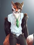  2018 anthro bottomwear canid canine claws clothed clothing ears_up facial_hair fox fur green_necktie hair half-closed_eyes hi_res inner_ear_fluff jacket jim_foxx looking_at_viewer male mammal mustache narrowed_eyes necktie open_bottomwear open_clothing open_pants p-v-s pants playful shirt solo standing suit tongue tongue_out topwear tuft underwear undressing white_clothing white_shirt white_topwear 