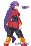  1girl ass bangs black_pantyhose blunt_bangs bodysuit bodysuit_under_clothes breasts check_translation gloves hime_cut jacket large_breasts long_hair long_sleeves looking_at_viewer over-kneehighs pantyhose partially_translated pokemon pokemon_(game) pokemon_frlg purple_hair red_eyes red_jacket red_skirt rtil sabrina_(pokemon) sideboob skirt speech_bubble thighhighs translation_request turtleneck turtleneck_jacket white_gloves 