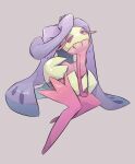  alternate_color commentary_request ebichi_(mon600n) full_body grey_background half-closed_eyes hand_on_own_thigh highres leg_up looking_down pink_eyes pokemon pokemon_(creature) shiny_pokemon simple_background solo tsareena 