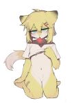  anthro bandage bandage_on_nipple blush canid canine canis condom condom_in_mouth crayon_(artist) domestic_dog female fur hi_res mammal sexual_barrier_device shirt_pulled_up simple_background sitting solo white_background white_body white_fur yellow_body yellow_fur 