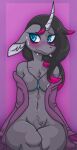  2021 anthro anthrofied areola black_hair blue_eyes blush bodily_fluids chest_tuft clothing crossed_legs digital_media_(artwork) dress ears_down embarrassed equid equine eyelashes female fur genital_fluids grey_body grey_fur grey_inner_ear hair half-length_portrait highlights_(coloring) horn inner_ear_fluff jewelry looking_aside mammal navel necklace nervous oleander_(tfh) pink_highlights pivoted_ears portrait purple_background purple_clothing pussy_juice simple_background sitting smile solo sweat sweatdrop them&#039;s_fightin&#039;_herds thighlordash tuft unicorn 