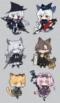  anger_vein animal_ear_fluff animal_ears arknights bangs black_cape black_dress black_footwear black_hairband black_headwear black_jacket black_necktie black_skirt black_thighhighs boots brown_eyes brown_hair cape cat_ears cat_girl cat_tail character_request cheese_(chisi64726930) colored_eyelashes commentary dress english_commentary goldenglow_(arknights) grey_background grey_hair hair_between_eyes hair_ornament hairband hairclip hat highres jacket lappland_(arknights) lightning_bolt_print long_hair mini_hat mousse_(arknights) multiple_tails necktie orb pantyhose parted_lips penance_(arknights) pink_footwear pink_hair print_hairband red_eyes ribbed_legwear scar scar_across_eye shirt skadi_(arknights) skirt staff stuffed_animal stuffed_orca stuffed_toy tail tears thighhighs thighhighs_under_boots tilted_headwear two_tails very_long_hair white_shirt 
