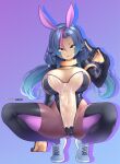  1girl animal_ears aqua_hair black_gloves blue_background blue_footwear blue_hair breasts cleavage commentary covered_navel cross-laced_footwear english_commentary fake_animal_ears full_body gloves gradient gradient_background gradient_hair highres hot_vr large_breasts long_hair looking_at_viewer multicolored_hair original patreon_username pink_hair playboy_bunny purple_background rabbit_ears solo squatting streaked_hair translucent_bunnysuit yellow_eyes zoey_(hot_vr) 