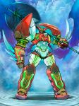  axe cloud full_body getter_robo glowing glowing_eyes highres holding holding_axe mecha no_humans over_shoulder robot science_fiction shin_getter-1 shin_getter_robo solo super_robot weapon weapon_over_shoulder yamanushi yellow_eyes 