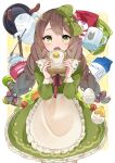  1girl absurdres animal_print apron bag bangs blush bow braid bread bread_slice brown_hair cat_print collared_dress cracked_egg cup dress eating eggshell food fried_egg fried_egg_on_toast frying_pan gradient_hair green_eyes hair_bow hair_ribbon highres holding holding_food jam jar kusunokimizuha lettuce long_hair long_sleeves looking_at_viewer milk_carton mug multicolored_hair neck_ribbon open_mouth original pitcher ribbon sausage sleeve_cuffs solo spoon tomato twin_braids very_long_hair waist_apron 