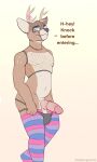  2022 anthro belly biped blue_eyes blush brown_body brown_fur cervid clothed clothing dabelette dialogue english_text erection eyewear fishnet fishnet_clothing fishnet_topwear front_view fur genitals glans glasses hi_res humanoid_genitalia humanoid_penis jockstrap_down legwear male mammal medial_ring multicolored_body multicolored_fur navel partially_clothed pattern_clothing pattern_legwear pattern_thigh_highs penis simple_background solo standing striped_clothing striped_legwear striped_thigh_highs stripes sukia_cervio tan_background tan_body tan_fur text thigh_highs topwear two_tone_body two_tone_fur 