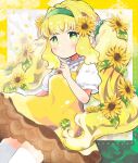  1girl absurdres bangs blonde_hair dot_mouth dotted_line dress falling_petals flower green_eyes hair_flower hair_intakes hair_ornament hairband highres long_hair original petals pinafore_dress shamo3 short_sleeves solo sunflower sunflower_hair_ornament thick_eyebrows thighhighs twintails very_long_hair 