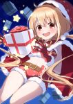  1girl bangs belt blonde_hair brown_belt cape christmas commentary crop_top elbow_gloves floating fur-trimmed_cape fur-trimmed_shirt fur-trimmed_shorts fur_trim futaba_anzu gift gloves highres idolmaster idolmaster_cinderella_girls long_hair looking_at_viewer low_twintails micro_shorts midriff navel night nonono_(1399900) open_mouth outdoors red_cape red_eyes red_gloves red_headwear red_shirt red_shorts santa_costume santa_gloves shirt shorts smile solo star_(symbol) twintails very_long_hair 