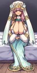  1girl absurdres bangs bed bed_sheet blue_dress blue_eyes blush breasts closed_mouth commentary_request commission dress earrings fire_emblem fire_emblem_heroes flower fur-trimmed_sleeves fur_trim gunnthra_(fire_emblem) hair_ornament highres huge_breasts indoors jewelry koohiitei_shinbo long_dress long_hair long_sleeves looking_at_viewer own_hands_together pink_hair sitting skeb_commission smile solo 