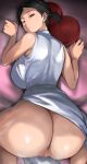  1girl ass back bangs bare_shoulders black_hair breasts cafekun censored china_dress chinese_clothes devil_survivor devil_survivor_2 dress grey_eyes highres kanno_fumi large_breasts looking_at_viewer looking_back lying mosaic_censoring no_panties on_stomach pussy short_hair short_ponytail solo thighs white_dress 