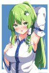  1girl arm_up armpits bangs blue_background blush breasts collared_shirt commentary_request detached_sleeves frog_hair_ornament green_eyes green_hair hair_between_eyes hair_ornament hair_tubes highres kochiya_sanae large_breasts long_hair looking_at_viewer open_mouth pony shirotsuki_shirone shirt sidelocks sleeveless sleeveless_shirt snake_hair_ornament solo touhou two-tone_background upper_body white_background white_shirt white_sleeves 