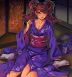  1girl absurdres breasts brown_eyes brown_hair cleavage ear_piercing earrings floral_print highres japanese_clothes jewelry kimono kujikawa_rise obi persona persona_4 piercing pink_nails sash shouji sitting sliding_doors smile solo tabi tatami toasty_scones twintails 