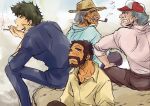  4boys absurdres antonio_(cowboy_bebop) baseball_cap beard carlos_(cowboy_bebop) cigarette cowboy_bebop dark-skinned_male dark_skin facial_hair formal grey_hair hat highres jobim_(cowboy_bebop) multiple_boys mustache old old_man sitting smoking spike_spiegel tobalin 