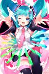  1girl :d absurdres ahoge bangs blue_eyes blue_hair blush collared_shirt crystal detached_sleeves gradient_hair hair_ornament hatsune_miku heart heart_hair_ornament highres koyubisennti long_hair long_sleeves melt_(vocaloid) multicolored_hair nail_polish necktie one_eye_closed open_mouth outstretched_arms pink_hair pleated_skirt power_symbol rainbow_gradient reaching_towards_viewer scissors_hair_ornament shirt skirt sleeveless sleeveless_shirt smile solo symbol-shaped_pupils tearing_up thighhighs twintails two-tone_hair very_long_hair vocaloid 