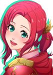  1girl :d aduti_momoyama aqua_eyes armor asymmetrical_hair drop_shadow eyelashes fire_emblem fire_emblem:_mystery_of_the_emblem fire_emblem_heroes hair_intakes highres lips looking_at_viewer medium_hair norne_(fire_emblem) open_mouth pink_lips ponytail red_armor red_hair red_scarf round_teeth scarf shoulder_armor smile solo teeth upper_body upper_teeth white_background 