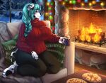  anthro beverage big_breasts blue_hair bottomwear braided_hair breasts candy canid canine canis chocolate christmas_lights clothed clothing cookie cozy dalmatian dessert domestic_dog female fire fireplace food fully_clothed furniture hair hi_res holidays hot_chocolate inside kneeling mammal mug on_sofa pants pillow plate relaxing smile snow snowing sofa solo spottedtigress steam sweater topwear turtleneck window winter 