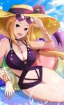  blue_sky hat highres looking_at_viewer official_art one-piece_swimsuit orange_hair outdoors priscilla_barielle purple_one-piece_swimsuit re:zero_kara_hajimeru_isekai_seikatsu re:zero_kara_hajimeru_isekai_seikatsu:_lost_in_memories red_eyes sitting sky sun_hat sunglasses swimsuit 