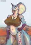  anthro big_breasts blue_body blue_scales bra breasts camel_toe clothing cobra dariana_(quetzaly) dksk30 female green_eyes hand_on_hip hi_res jewelry midriff necklace nipple_outline non-mammal_breasts outside reptile scales scalie sky snake snake_hood solo standing thong underwear 