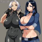  2girls arms_under_breasts artist_name bangs black_bodysuit black_collar black_gloves black_jacket blue_eyes blue_eyeshadow blue_jacket bodysuit bonkiru breasts collar collarbone cropped_jacket crossed_arms english_commentary eyeshadow fingerless_gloves freckles gloves halterneck highres huge_breasts impossible_bodysuit impossible_clothes jacket jewelry judy_(waifusplit) looking_at_viewer makeup midriff miss_hazard multiple_girls navel necklace short_hair smile waifusplit 