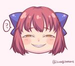  1girl anya&#039;s_heh_face_(meme) artist_name blue_ribbon blush commentary_request isurugiratone kohaku_(tsukihime) looking_at_viewer meme parody red_hair ribbon smile solo tsukihime twitter_username white_background yellow_eyes 