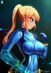  1girl artist_name bangs blonde_hair blue_bodysuit blue_eyes blush bodysuit bracelet breasts chinchongcha closed_mouth commentary covered_collarbone covered_navel covered_nipples eyelashes glint gradient gradient_background hair_between_eyes hand_up high_ponytail highres jewelry large_breasts light_purple_hair long_hair metroid ponytail profile samus_aran sidelocks signature smile solo upper_body v-shaped_eyebrows watermark zero_suit 