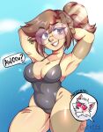  brown_hair clothing eyewear facial_piercing female glasses grey_eyes gutty_(guttybee) guttybee hair hands_behind_head hi_res joints looking_at_viewer nose_piercing nose_ring piercing ponytail ring_piercing round_glasses smile smiling_at_viewer solo swimwear thick_thighs wide_hips 