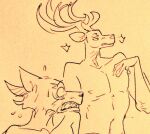  anthro antlers beastars bodily_fluids canid canine canis cervid duo gesture horn legoshi_(beastars) louis_(beastars) male male/male mammal narrowed_eyes nipples nude shirtless sparkles sweat wide_eyed wolf worried wuffinarts 