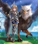  1girl absurdres armor armored_boots bangs blonde_hair blue_cape blue_eyes blue_pants blue_shirt blue_sky blush boots breastplate cape closed_mouth cloud commentary_request cross cross_necklace day full_body gauntlets grass griffin gryphon_(ragnarok_online) highres holding holding_polearm holding_weapon horizon imperial_guard_(ragnarok_online) jewelry knight leg_armor long_hair looking_at_viewer necklace ocean outdoors pants pauldrons polearm ragnarok_online sail_(sail-away) shirt shoulder_armor sky smile spear water weapon 