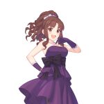  1girl akino_(princess_connect!) belt black_belt brown_eyes brown_hair dress gloves hairband jewelry long_hair necklace official_art pearl_necklace princess_connect! purple_dress purple_gloves tachi-e transparent_background white_hairband 