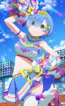  1girl blue_eyes blue_hair cheerleader highres miniskirt official_art outdoors pom_pom_(cheerleading) re:zero_kara_hajimeru_isekai_seikatsu re:zero_kara_hajimeru_isekai_seikatsu:_lost_in_memories rem_(re:zero) skirt sky thighhighs 