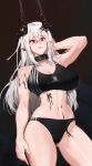  1girl arknights arm_behind_head black_bra black_panties bra breasts cleavage earrings horns jewelry kollerss long_hair mudrock_(arknights) navel oripathy_lesion_(arknights) panties pointy_ears red_eyes solo underwear underwear_only white_hair 