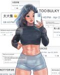  abs blue_eyes cellphone grey_hair highres lips little_thunder long_hair muscular muscular_female navel original phone selfie smartphone smile sportswear thick_thighs thighs toned 