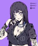  absurdres arm_tattoo black_hair bug defaultz_17 highres hyuuga_hinata looking_at_viewer naruto_(series) purple_background purple_eyes simple_background spider tattoo watermark 