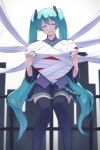  1girl bandages bangs belt blue_hair closed_eyes collared_shirt commentary hair_ornament hatsune_miku heart highres holding holding_heart long_hair long_sleeves nail_polish necktie pleated_skirt shirt signature sitting sitting_on_railing skirt smile solo streaming_heart_(vocaloid) thighhighs twintails very_long_hair vocaloid wanoka_04 