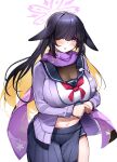  1girl animal_ears black_hair blue_archive blush breasts casul clothes_lift halo highres large_breasts lifted_by_self navel one_eye_covered open_mouth purple_eyes purple_scarf scarf school_uniform shirt_lift side_slit skirt tsukuyo_(blue_archive) white_background 