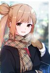  1girl bag bangs blurry blurry_background blush bokeh breath brown_hair cevio coat depth_of_field fur-trimmed_mittens hair_bun highres long_hair long_sleeves mikami_jun_(haaryan) mittens necktie one_side_up open_mouth plaid plaid_scarf satou_sasara scarf school_bag single_hair_bun smile solo yellow_eyes 